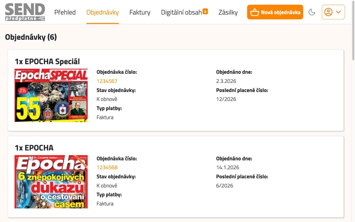 Horní menu portálu se zvýrazněnou záložkou Objednávky